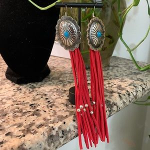 Red/silver long dangling western wear earrings